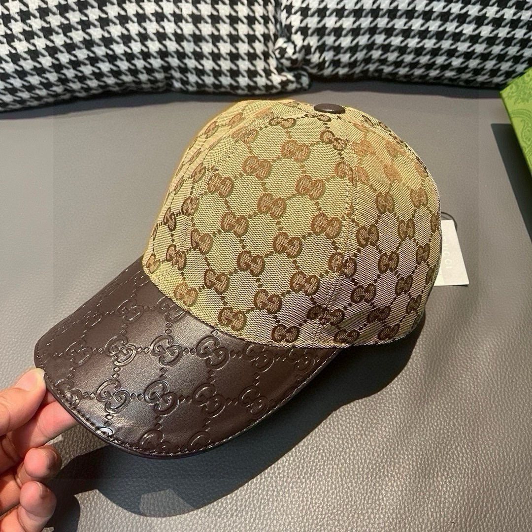 
配盒子布袋，Gucci(古奇)经典原单棒球帽，小双G牛皮拼接，11开模订制，质量超赞！帽檐头层牛皮压花
