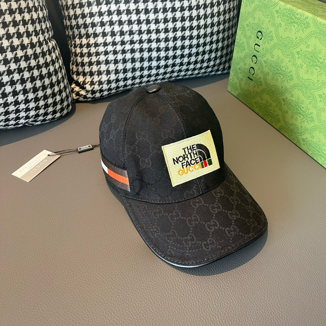 
配盒子布袋，Gucci(古奇)新款原单棒球帽， 北面刺绣！专柜11，进口帆布+头层牛皮，代购热门，男女