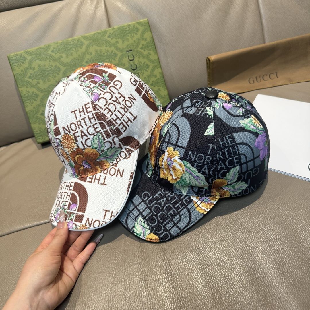 
配盒子布袋，Gucci(古奇)新款原单棒球帽， Gucci北面印花，专柜11，进口帆布+头层牛皮，代购