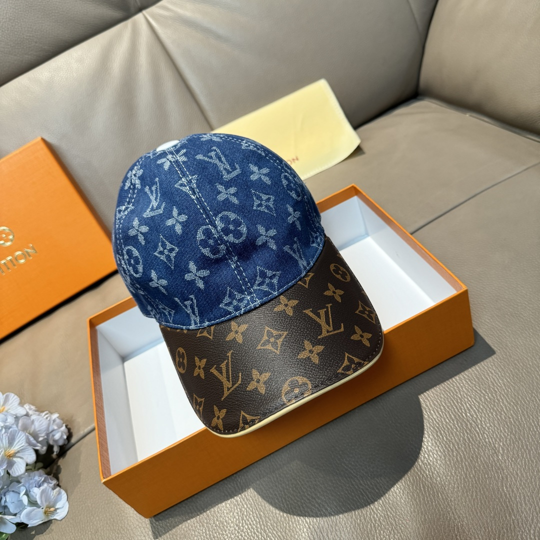 
配盒子布袋，LV(路易威登)新款原单棒球帽，老花拼接，11开模订制，原版牛仔布料+专柜老花皮，做工细致