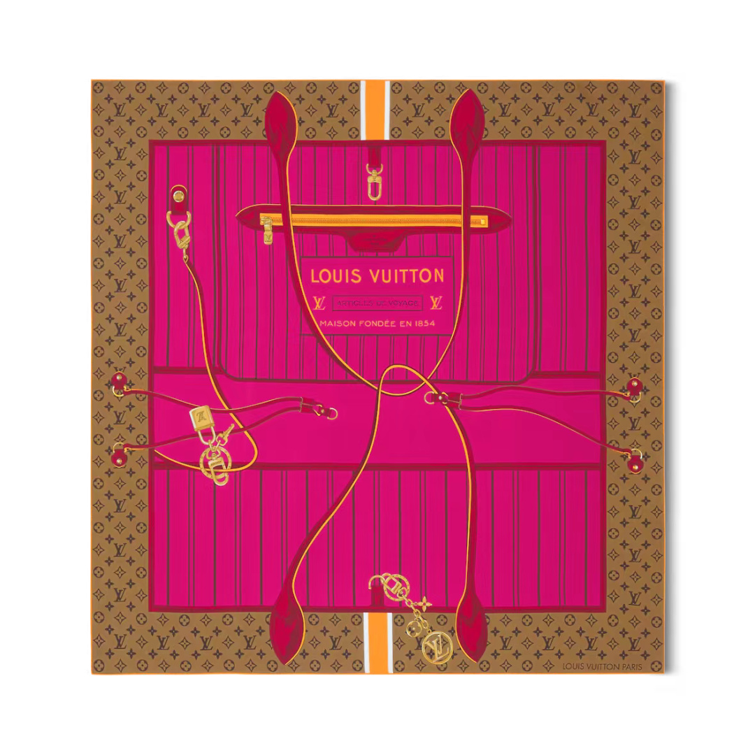 NO:340132,A new LV silk square scarf My Neverfull mulberry silk square scarf draws inspiration from the classic Neverfull handbags, highlights the signature brushstrokes with shoulder straps, LV Circle logos and padlock patterns, and then uses Louis Vuitton to elegantly greet the brand box heritage. 90 x 90 cm (height x length) mulberry silk high-version scarf, high-version scarf, louis vuitton, louis vuitton, real silk19860909批 LV新款真丝方巾 My Neverfull 桑蚕丝方巾向经典 Neverfull 手袋汲取灵感,以肩带、LV Circle 标识和挂锁图案彰显标志性笔触,再借路易威登贴饰优雅致意品牌制箱传承. 90 x 90 厘米 (高 x 长度) 桑蚕丝高版本围巾,高版本围巾,louis vuitton,louis vuitton,real silk,scarf