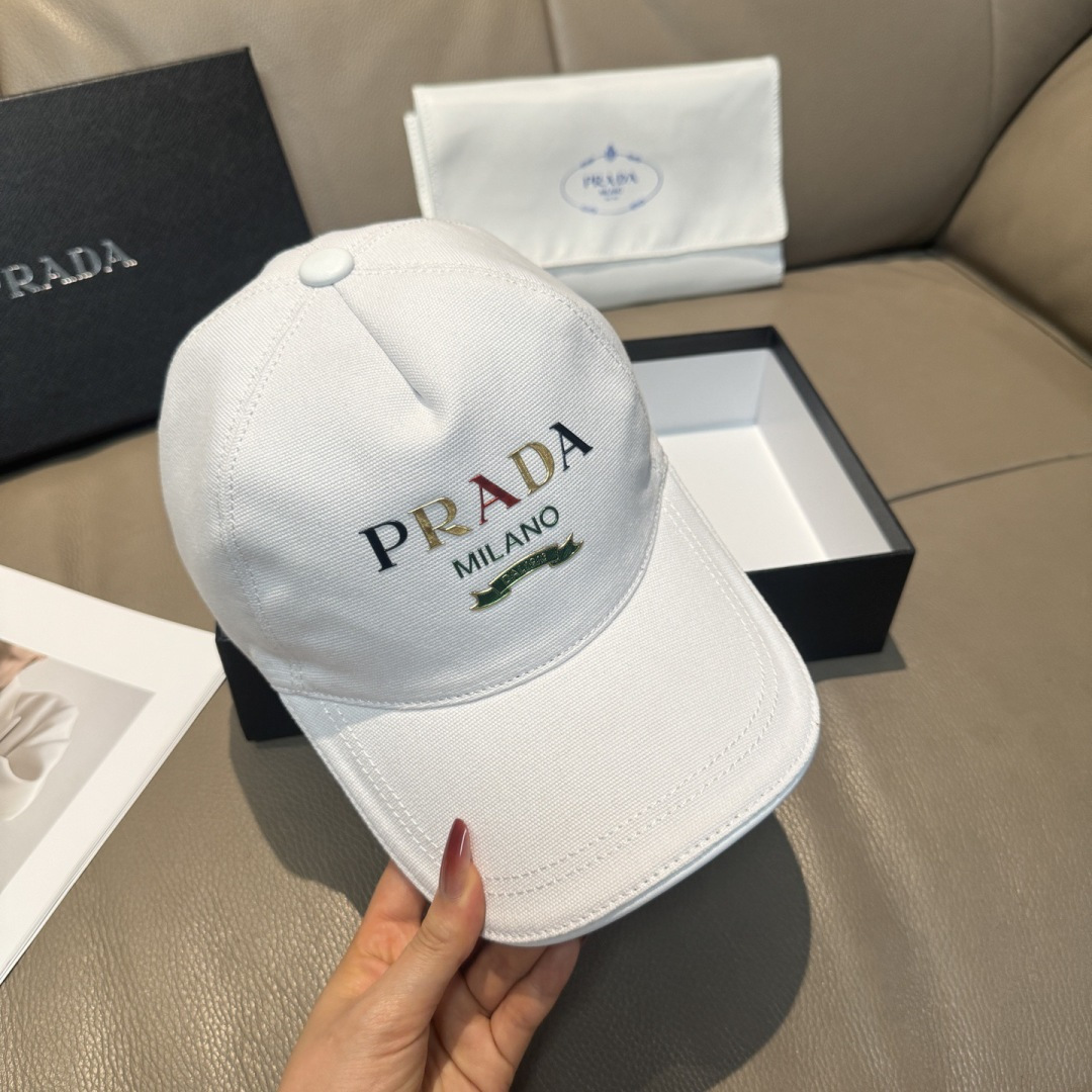 配盒子布袋，Prada(普拉达)新款原单棒球帽， 印字logo，专柜1:1开模订制，原版帆布布料+头层牛