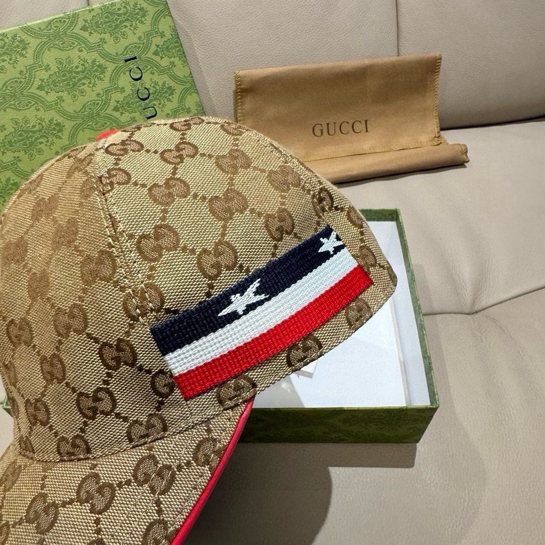配盒子布袋，Gucci(古奇)经典原单棒球帽， 五星织带，1:1开模订制，原版帆布料+头层牛皮，代购热门