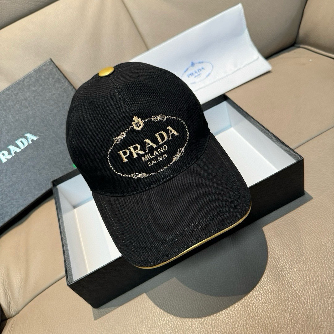配包装布袋，Prada(普拉达)新款原单棒球帽， 金丝刺绣，1:1开模订制，原厂金丝线精细刺绣，原版帆布