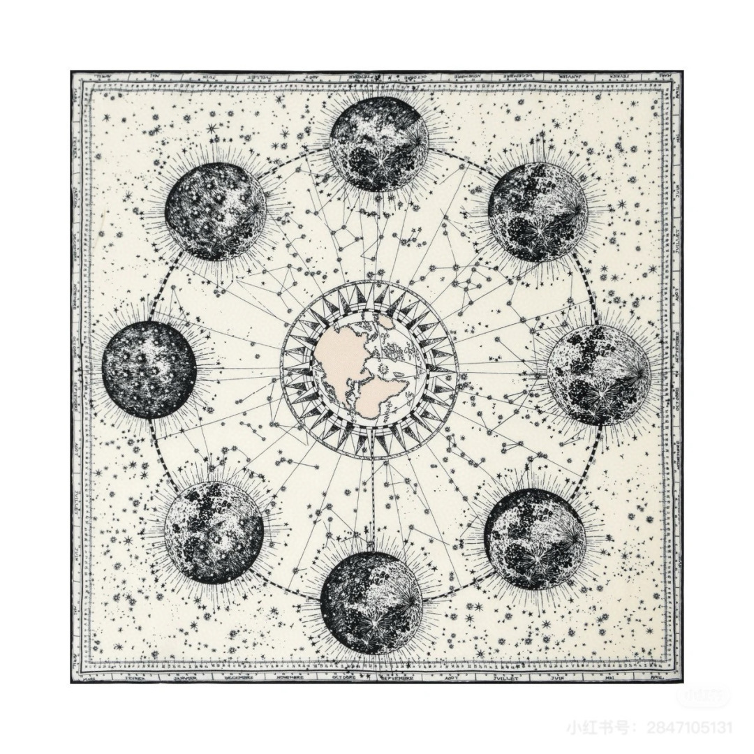 NO:342570,Dior constellation printed square scarf size90x90cm material silk This scarf is inspired by the vast universe and cleverly incorporates astronomy elements into fashion design. The center of the scarf outlines the outlines of the earth, the moon, Mars and Jupiter with delicate brushstrokes. These four celestial bodies occupy four important positions of the scarf, forming a miniature solar system scroll. Each celestial body is surrounded by delicate lines and dots, symbolizing their orbits and satellites, creating a deep and mysterious sense of space. High-version scarf, high-version scarf, dior, real silk19860909批 Dior星座印花方巾 size90x90cm 材质真丝 这款丝巾以浩瀚的宇宙为灵感,巧妙地将天文学元素融入时尚设计之中.丝巾中央以细腻的笔触勾勒出地球、月球、火星和木星的轮廓,这四个天体分别占据丝巾的四个重要位置,形成了一幅微缩的太阳系画卷.每个天体周围都围绕着细腻的线条和点阵,象征着它们的轨道和卫星,营造出一种深邃而神秘的空间感. 高版本围巾,高版本围巾,dior,real silk,scarf