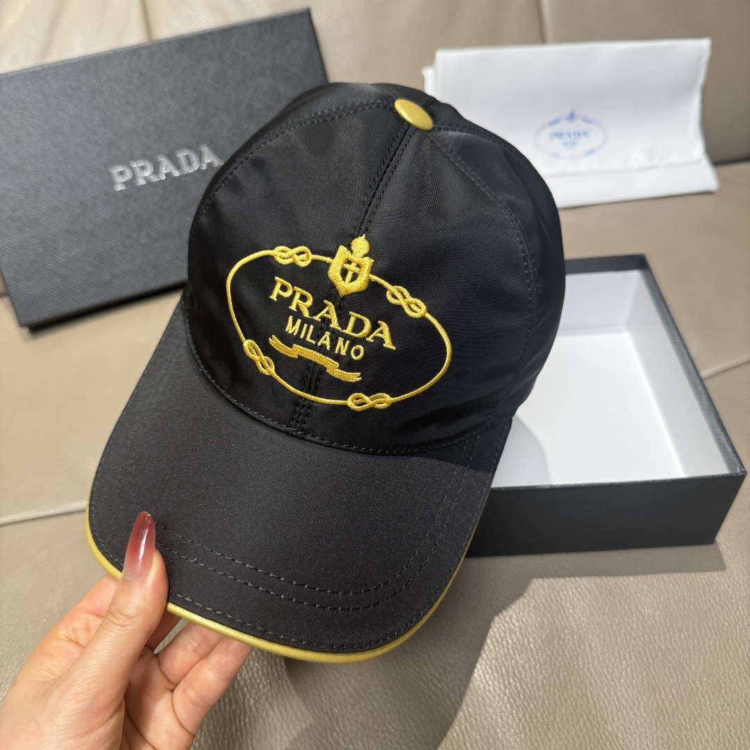 配盒子布袋，Prada(普拉达)新款原单棒球帽， 金丝刺绣，1:1开模订制，原厂金丝线精细刺绣，原版牛津
