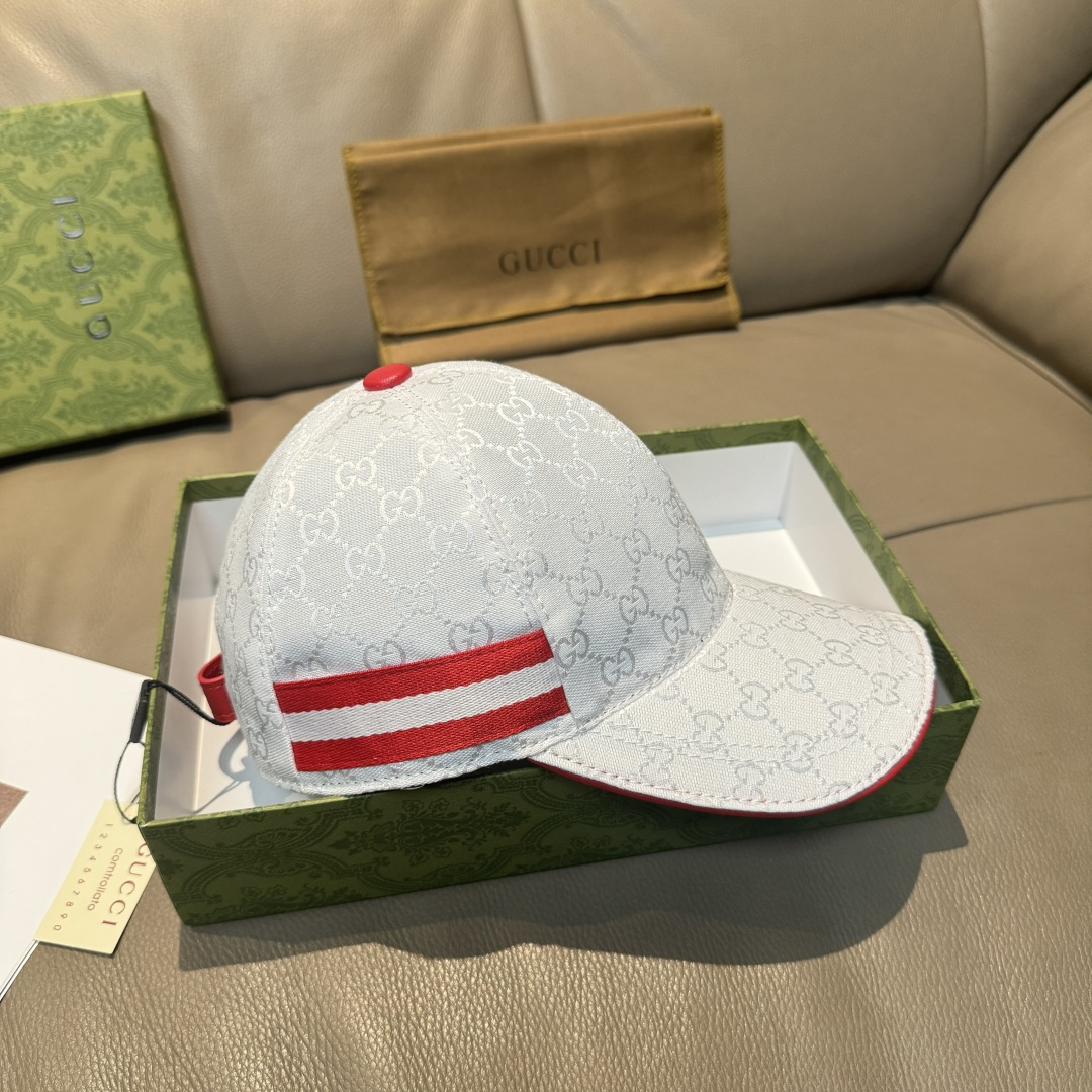 配盒子布袋，Gucci(古奇)新款原单棒球帽， 三色织带，1:1开模订制，原版帆布料+头层牛皮，红色皮边