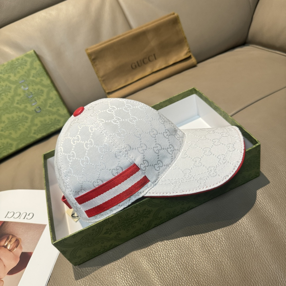 配盒子布袋，Gucci(古奇)新款原单棒球帽， 三色织带，1:1开模订制，原版帆布料+头层牛皮，红色皮边