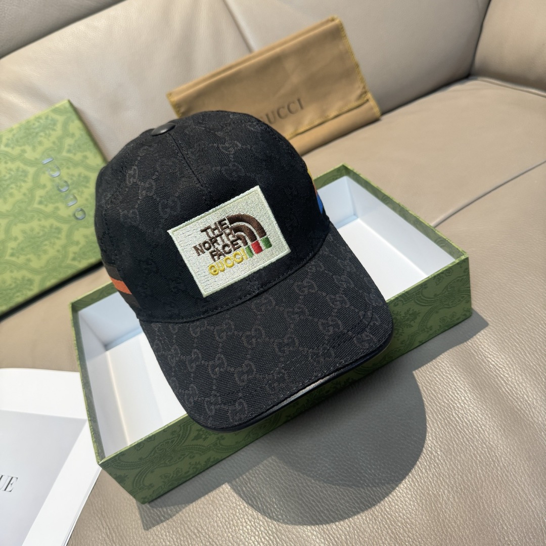 配盒子布袋，Gucci(古奇)新款原单棒球帽， 北面刺绣！专柜1:1，进口帆布+头层牛皮，代购热门，男女