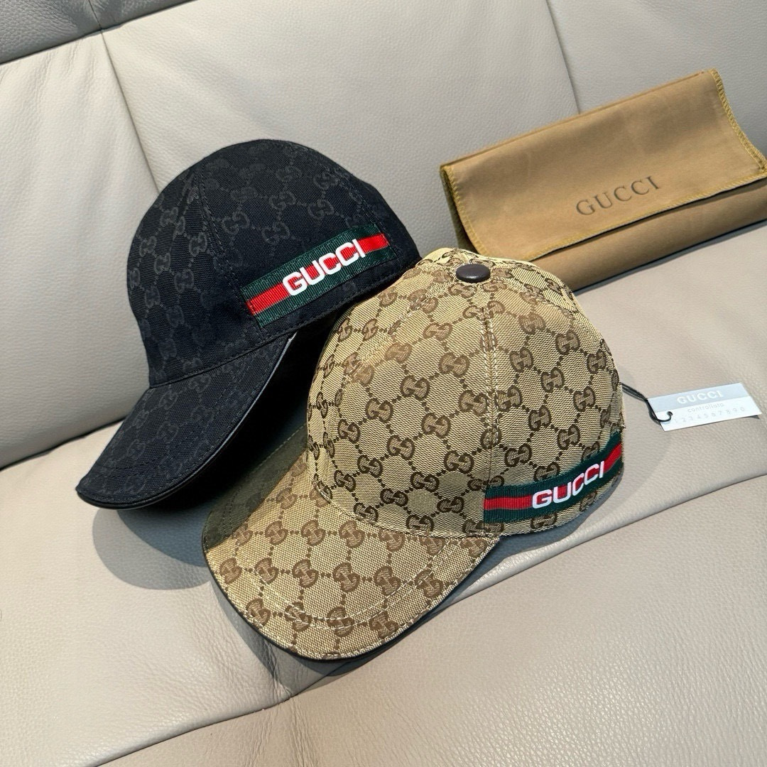 配盒子布袋，Gucci(古奇)春夏新款原单棒球帽， logo织带，1:1开模订制，原版帆布料+头层牛皮，