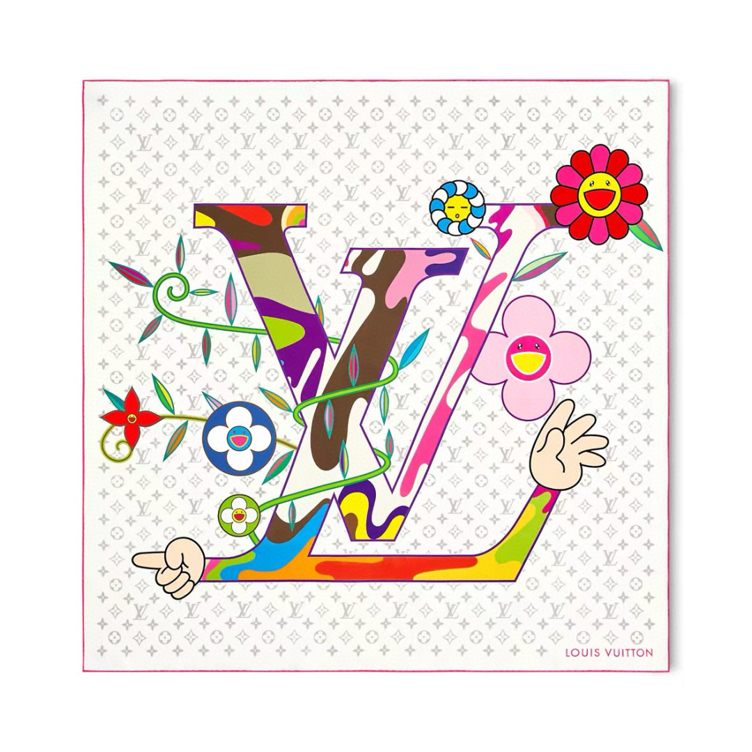 NO:728863,The first batch of LV's new Takashi Murakami series scarves LV x TM Monogram Superflat mulberry silk scarf comes from the collaborative series between Louis Vuitton and Japanese artist Takashi Murakami. The large LV Hands logo, smiling flowers and brand elements are creatively intertwined, highlighting the artist's signature 'super flat' style. The colorful tones form an eye-catching contrast with the full-width Monogram background, and the wide size unlocks a variety of styling possibilities. 90 x 90 cm (height x length)  Mulberry silk high version scarf,high version scarf,louis vuitton,louis vuitton19860909批 LV新款村上隆系列方巾 LV x TM Monogram Superflat 桑蚕丝方巾出自路易威登与日本艺术家村上隆的合作系列,令大号 LV Hands 标识、微笑的花卉和品牌元素创意交织,彰显艺术家标志性的“超扁平”风格.缤纷色调与全幅 Monogram 背景形成瞩目对比,宽幅尺寸解锁多种造型可能. 90 x 90 厘米 (高 x 长度) 桑蚕丝高版本围巾,高版本围巾,louis vuitton,louis vuitton,scarf