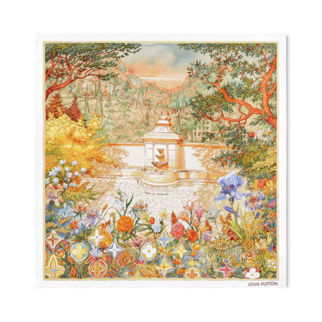 NO:542447,New Lv Silk Scarf [Mediterranean Fragrance] Louis Vuitton is committed to expanding the artistic boundaries and invites French illustrator Nicolas de Crécy to create mulberry silk accessories with flowers. In the Parfums De Méditerranée square scarf, De Crécy uses delicate brushstrokes to depict the dreamy Provence scenery, and sends gorgeous hymns to the 'perfume fountain' of the world's perfume capital Grasse. Gorgeous flowers and Monogram flowers bloom in a row, continuing to write a creative chapter for the brand's fragrance inheritance. 90 x 90 cm (height x length) high-version scarf of mulberry silk, high-version scarf, louis vuitton, louis vuitton, real silk19860909批 Lv新款真丝方巾【地中海香氛】 路易威登致力于拓展艺术边界,邀请法国插画家 Nicolas de Crécy 以花卉为主题创作桑蚕丝配饰.在 Parfums De Méditerranée 方巾中,De Crécy 以细腻笔触描绘如梦如幻的普罗旺斯风光,向世界香水之都格拉斯的“香水喷泉”致以华丽赞歌.绚烂繁花与 Monogram 花卉竞相绽放,为品牌香氛传承续写创意华章. 90 x 90 厘米 (高 x 长度) 桑蚕丝高版本围巾,高版本围巾,louis vuitton,louis vuitton,real silk,scarf
