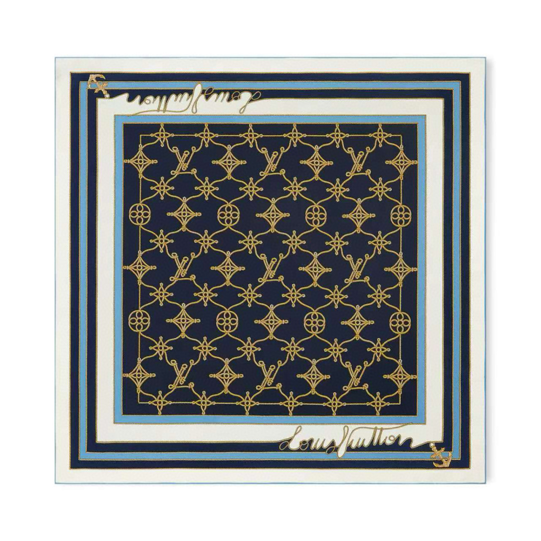 NO:602752,The first batch of LV's new square scarf LV Cordage mulberry silk square scarf turns Monogram flowers, letters and brand logos into the knots and coils of ship cables, using anchor elements to highlight the nautical trend and injecting elegant poetry into the classic design. 90 x 90 cm (height x length) mulberry silk high version scarf, high version scarf, louis vuitton19860909批 LV新款方巾 LV Cordage 桑蚕丝方巾将 Monogram 花卉、字母和品牌标识化为船舶缆绳的系结和盘绕,以船锚元素彰显航海风潮,为经典设计注入优雅诗意. 90 x 90 厘米 (高 x 长度) 桑蚕丝高版本围巾,高版本围巾,louis vuitton,scarf