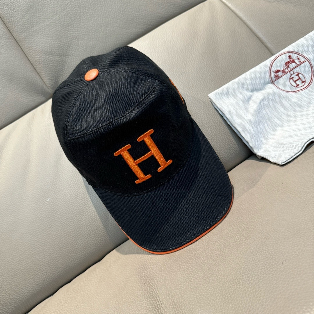 配盒子布袋，HERMÈS (爱马仕)原单棒球帽，经典H，正品开模订制，原版透气帆布面料+头层牛皮，原厂精