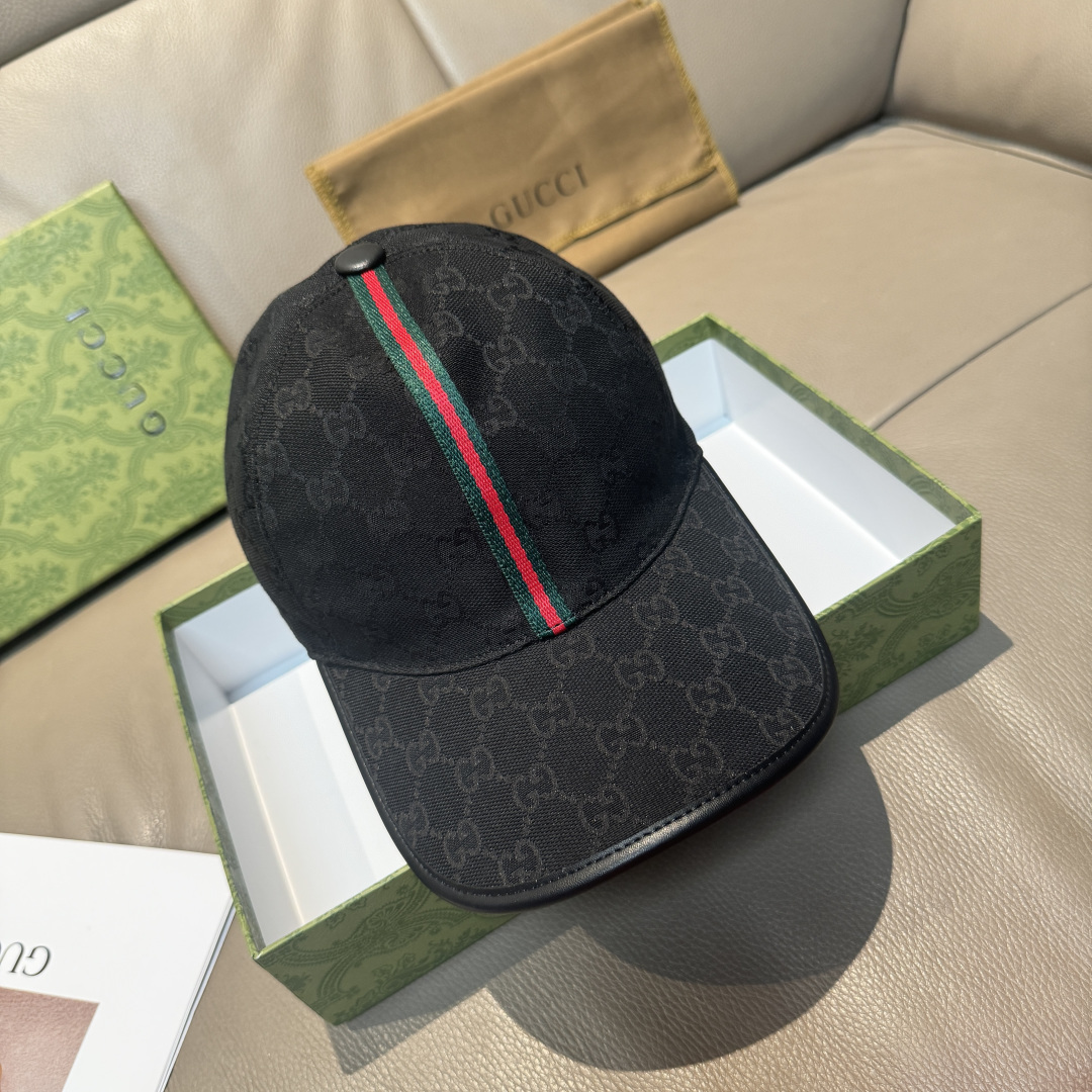配包装布袋，Gucci(古奇)经典原单棒球帽， 竖条小织带，1:1开模订制，原版帆布料+头层牛皮，真皮包