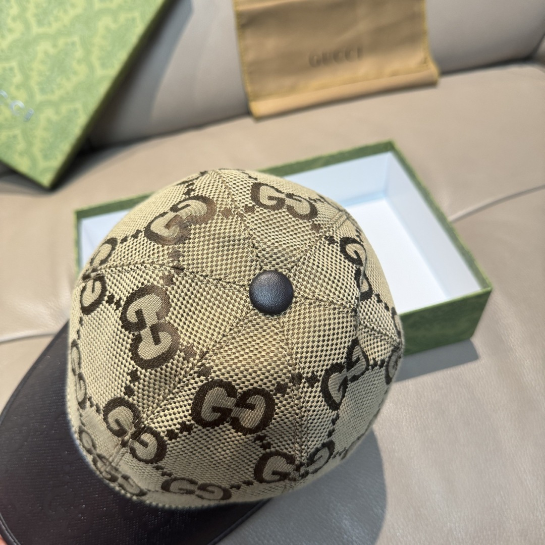 配盒子布袋，Gucci(古奇)新款原单棒球帽， 帆布拼皮，专柜热卖款，1:1开模订制，原版帆布料+头层牛