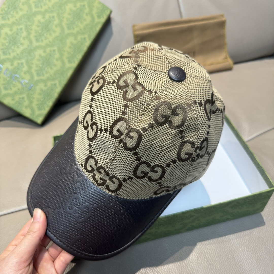 配盒子布袋，Gucci(古奇)新款原单棒球帽， 帆布拼皮，专柜热卖款，1:1开模订制，原版帆布料+头层牛