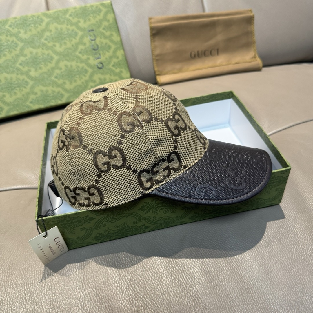配盒子布袋，Gucci(古奇)新款原单棒球帽， 帆布拼皮，专柜热卖款，1:1开模订制，原版帆布料+头层牛