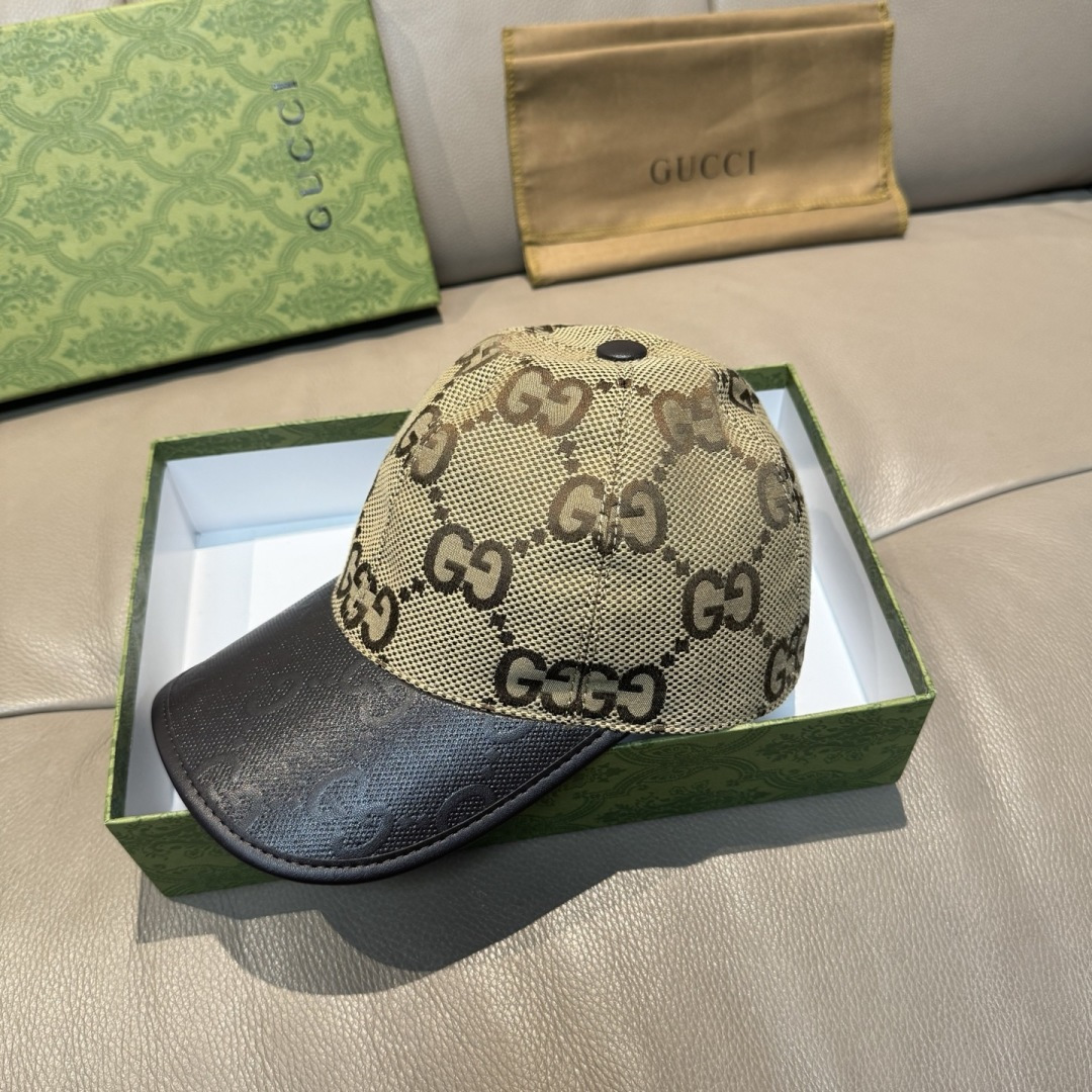 配盒子布袋，Gucci(古奇)新款原单棒球帽， 帆布拼皮，专柜热卖款，1:1开模订制，原版帆布料+头层牛