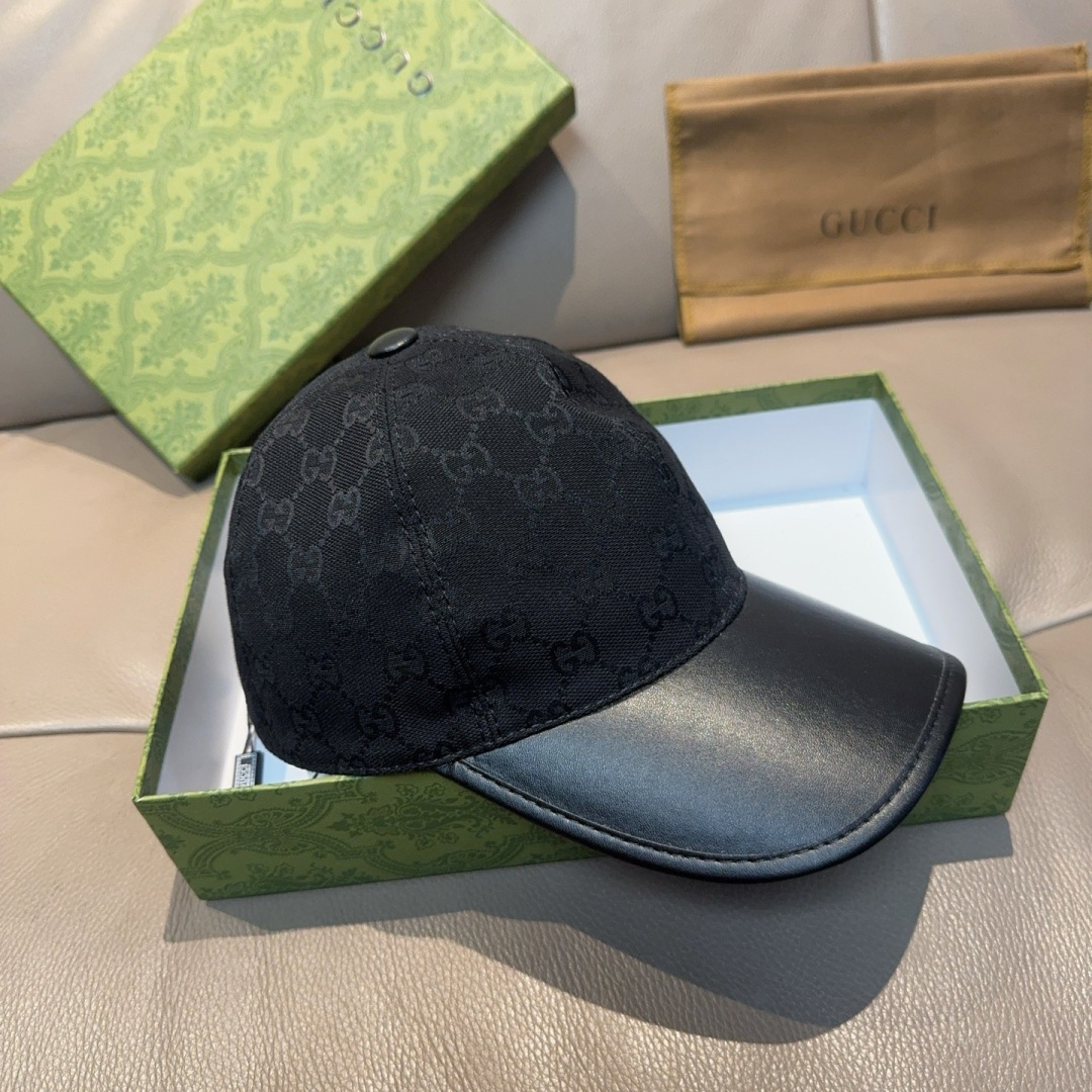 配盒子布袋，Gucci(古奇)新款原单棒球帽， 帆布拼皮，专柜热卖款，1:1开模订制，原版帆布料+头层牛