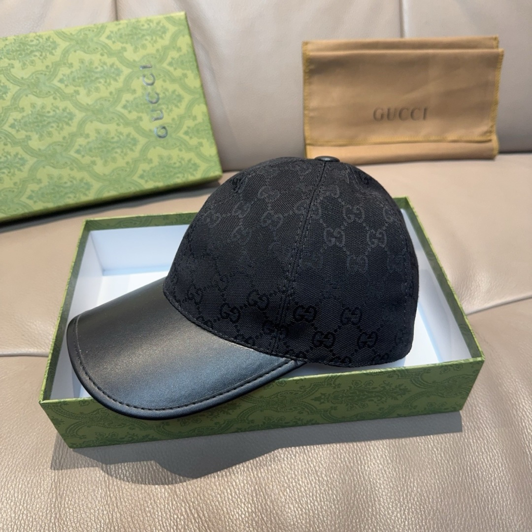 配盒子布袋，Gucci(古奇)新款原单棒球帽， 帆布拼皮，专柜热卖款，1:1开模订制，原版帆布料+头层牛