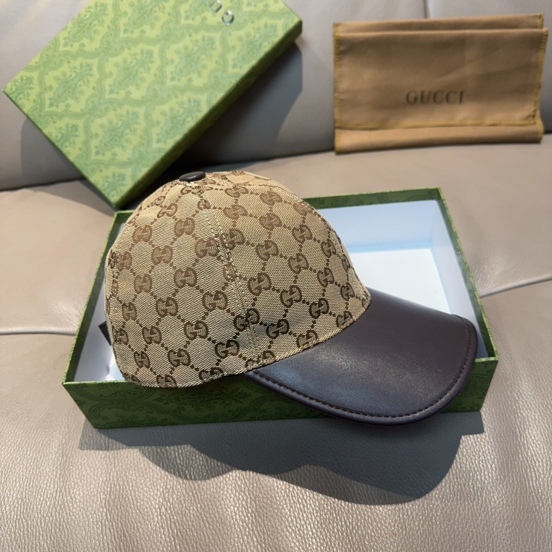 配盒子布袋，Gucci(古奇)新款原单棒球帽， 帆布拼皮，专柜热卖款，1:1开模订制，原版帆布料+头层牛