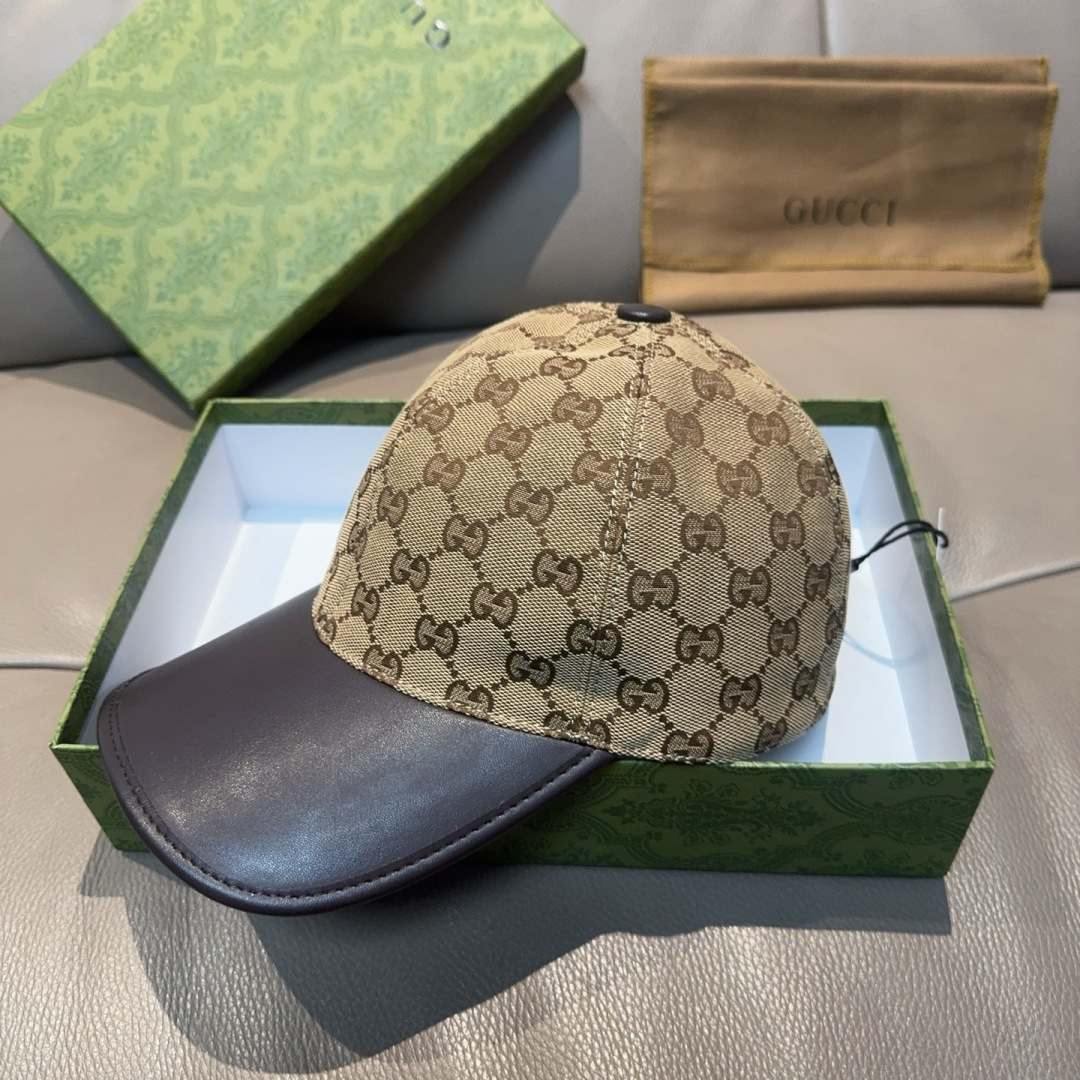 配盒子布袋，Gucci(古奇)新款原单棒球帽， 帆布拼皮，专柜热卖款，1:1开模订制，原版帆布料+头层牛