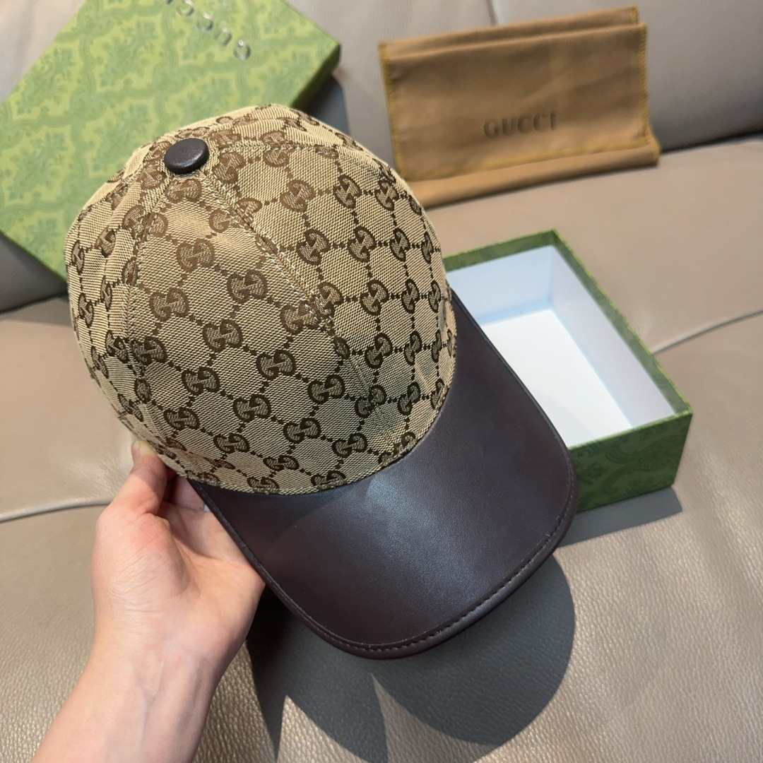 配盒子布袋，Gucci(古奇)新款原单棒球帽， 帆布拼皮，专柜热卖款，1:1开模订制，原版帆布料+头层牛