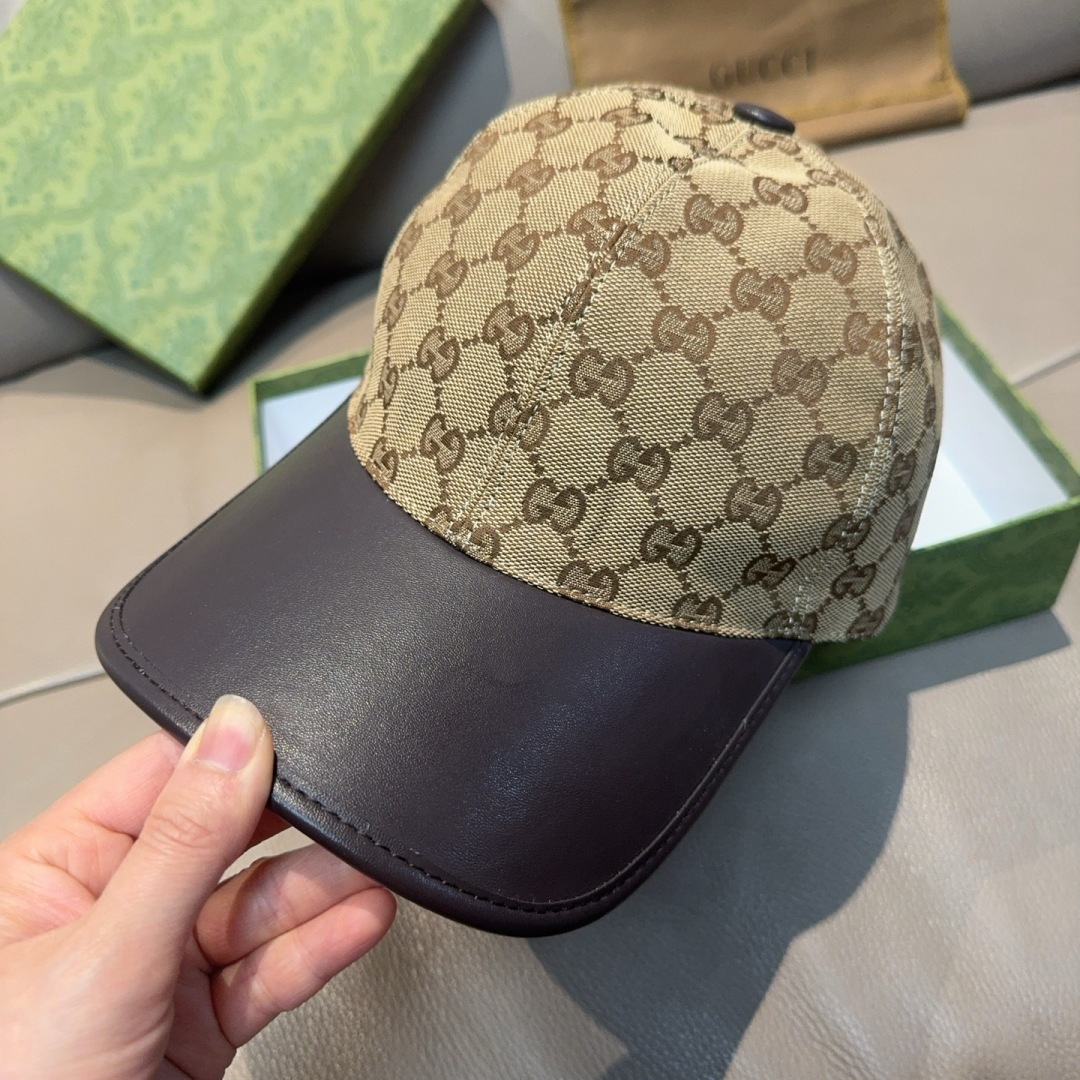 配盒子布袋，Gucci(古奇)新款原单棒球帽， 帆布拼皮，专柜热卖款，1:1开模订制，原版帆布料+头层牛