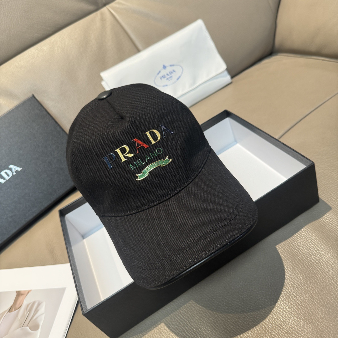 配盒子布袋，Prada(普拉达)新款原单棒球帽， 印字logo，专柜1:1开模订制，原版帆布布料+头层牛
