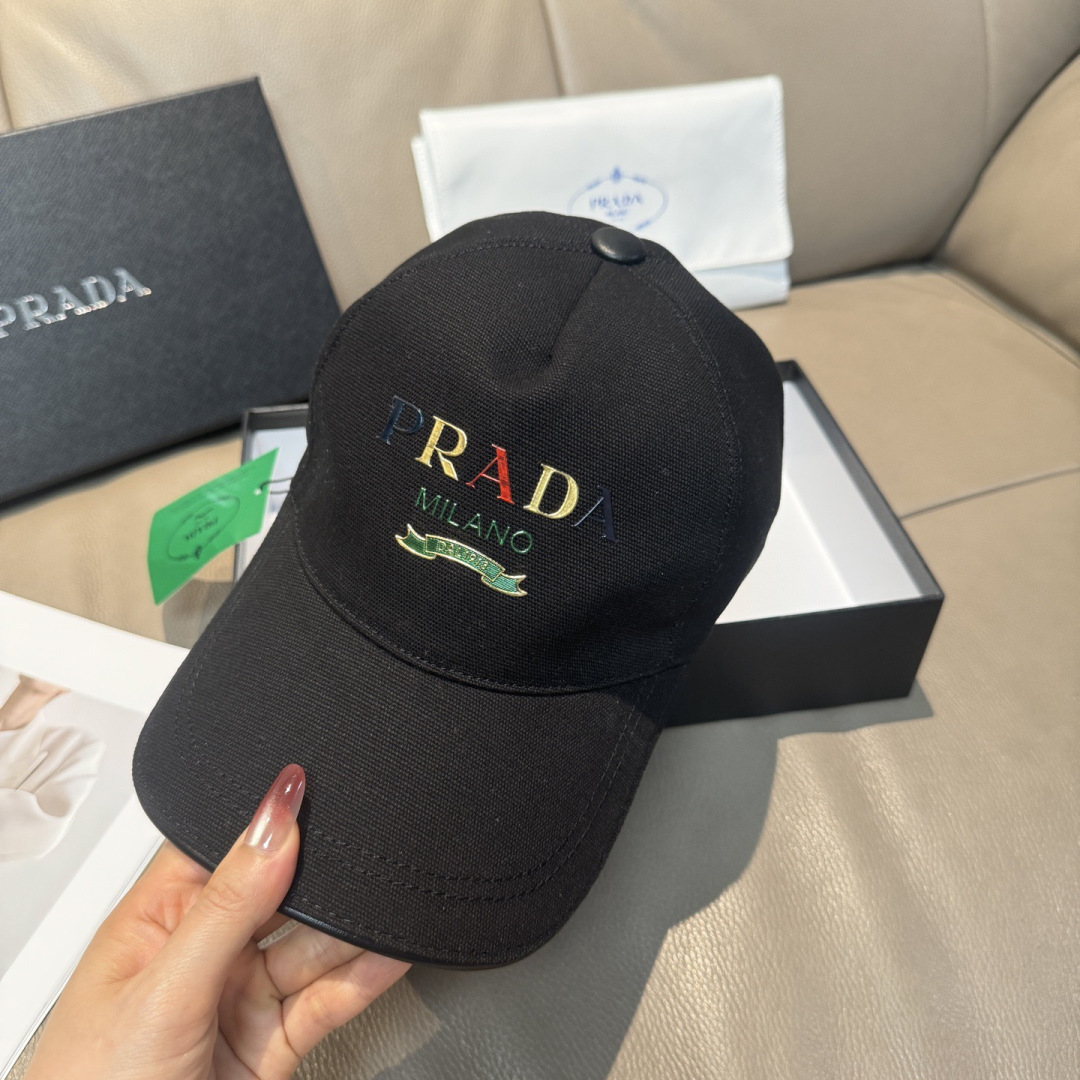 配盒子布袋，Prada(普拉达)新款原单棒球帽， 印字logo，专柜1:1开模订制，原版帆布布料+头层牛