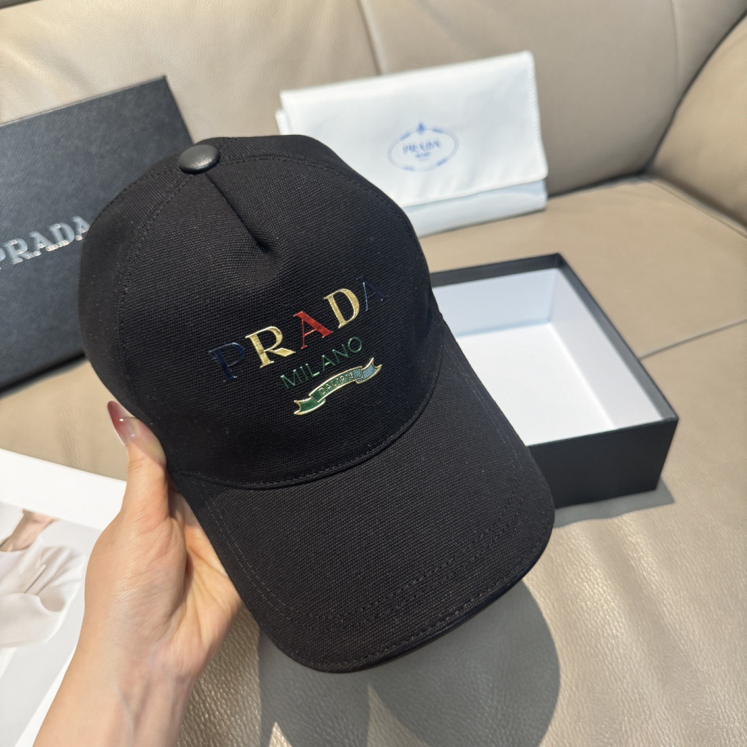 配盒子布袋，Prada(普拉达)新款原单棒球帽， 印字logo，专柜1:1开模订制，原版帆布布料+头层牛