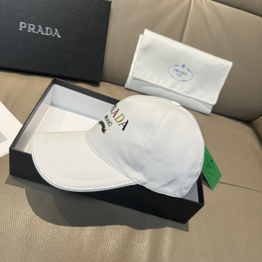 配盒子布袋，Prada(普拉达)新款原单棒球帽， 印字logo，专柜1:1开模订制，原版帆布布料+头层牛