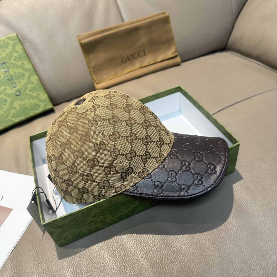 配盒子布袋，Gucci(古奇)经典原单棒球帽，小双G牛皮拼接，1:1开模订制，质量超赞！帽檐头层牛皮压花
