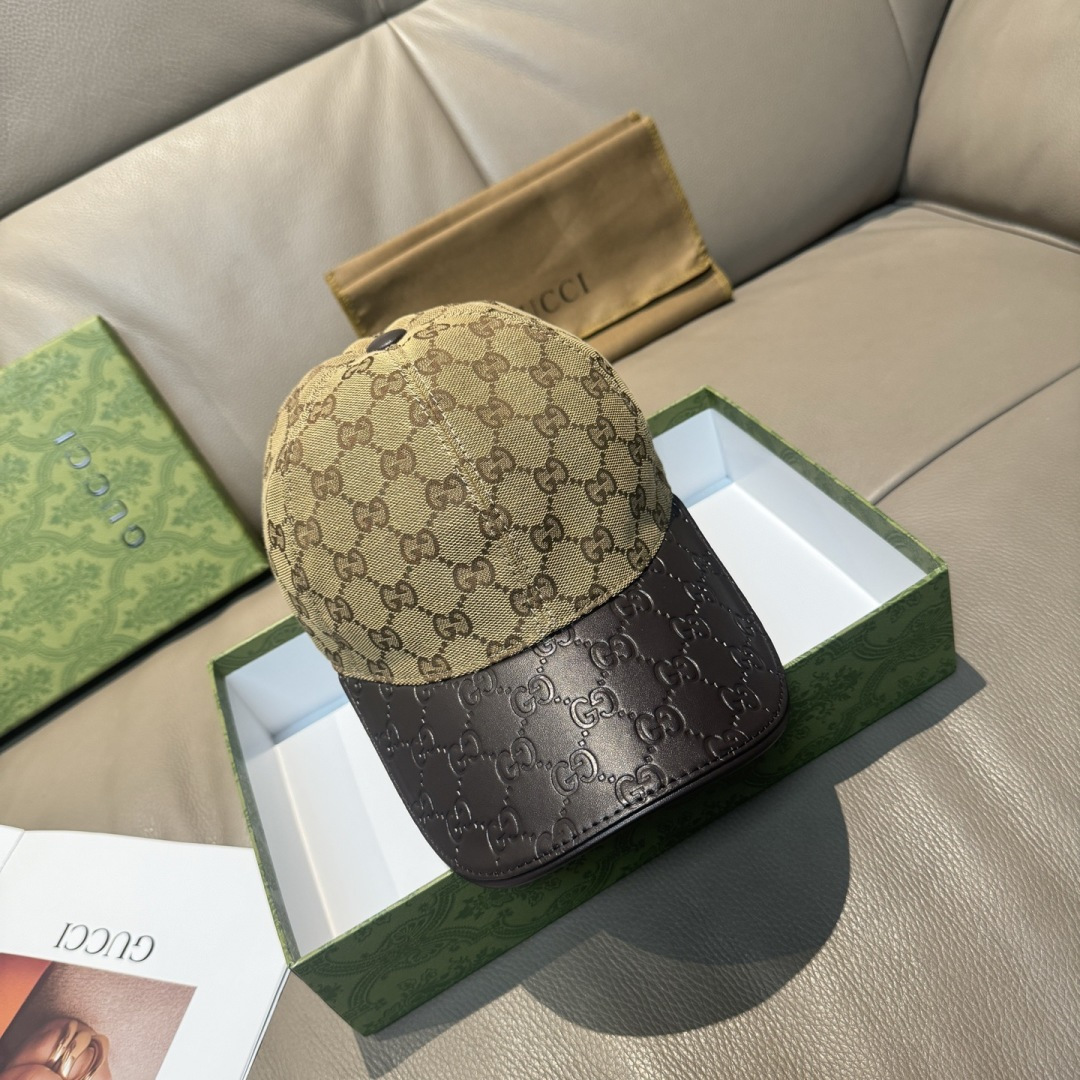配盒子布袋，Gucci(古奇)经典原单棒球帽，小双G牛皮拼接，1:1开模订制，质量超赞！帽檐头层牛皮压花