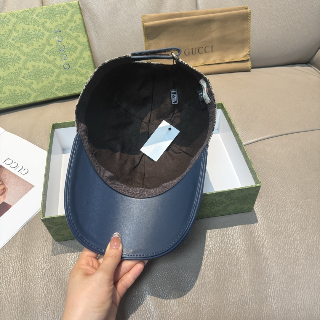 配盒子布袋，Gucci(古奇)经典原单棒球帽，小双G牛皮拼接，1:1开模订制，质量超赞！帽檐头层牛皮压花