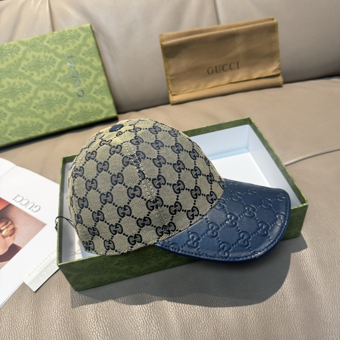 配盒子布袋，Gucci(古奇)经典原单棒球帽，小双G牛皮拼接，1:1开模订制，质量超赞！帽檐头层牛皮压花