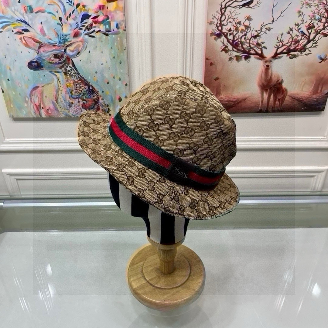 配包装布袋，Guc*i古奇经典款原单渔夫帽， 红绿织带，专柜1:1开模订制，原版帆布料+头层牛皮，轻盈透