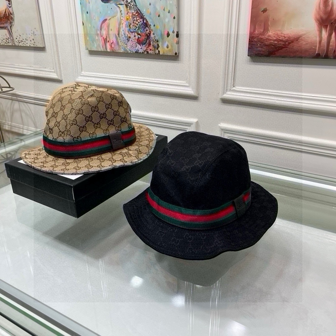 配包装布袋，Guc*i古奇经典款原单渔夫帽， 红绿织带，专柜1:1开模订制，原版帆布料+头层牛皮，轻盈透