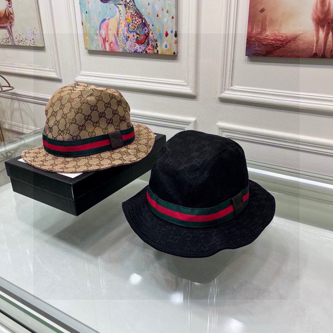 配包装布袋，Guc*i古奇经典款原单渔夫帽， 红绿织带，专柜1:1开模订制，原版帆布料+头层牛皮，轻盈透