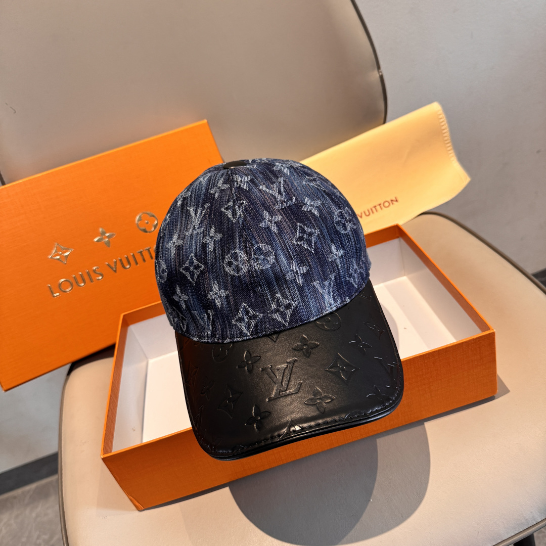配盒子布袋，LV(路易威登)新款原单棒球帽，牛皮拼接，1:1开模订制，原版牛仔布料，做工细致完美，质量超