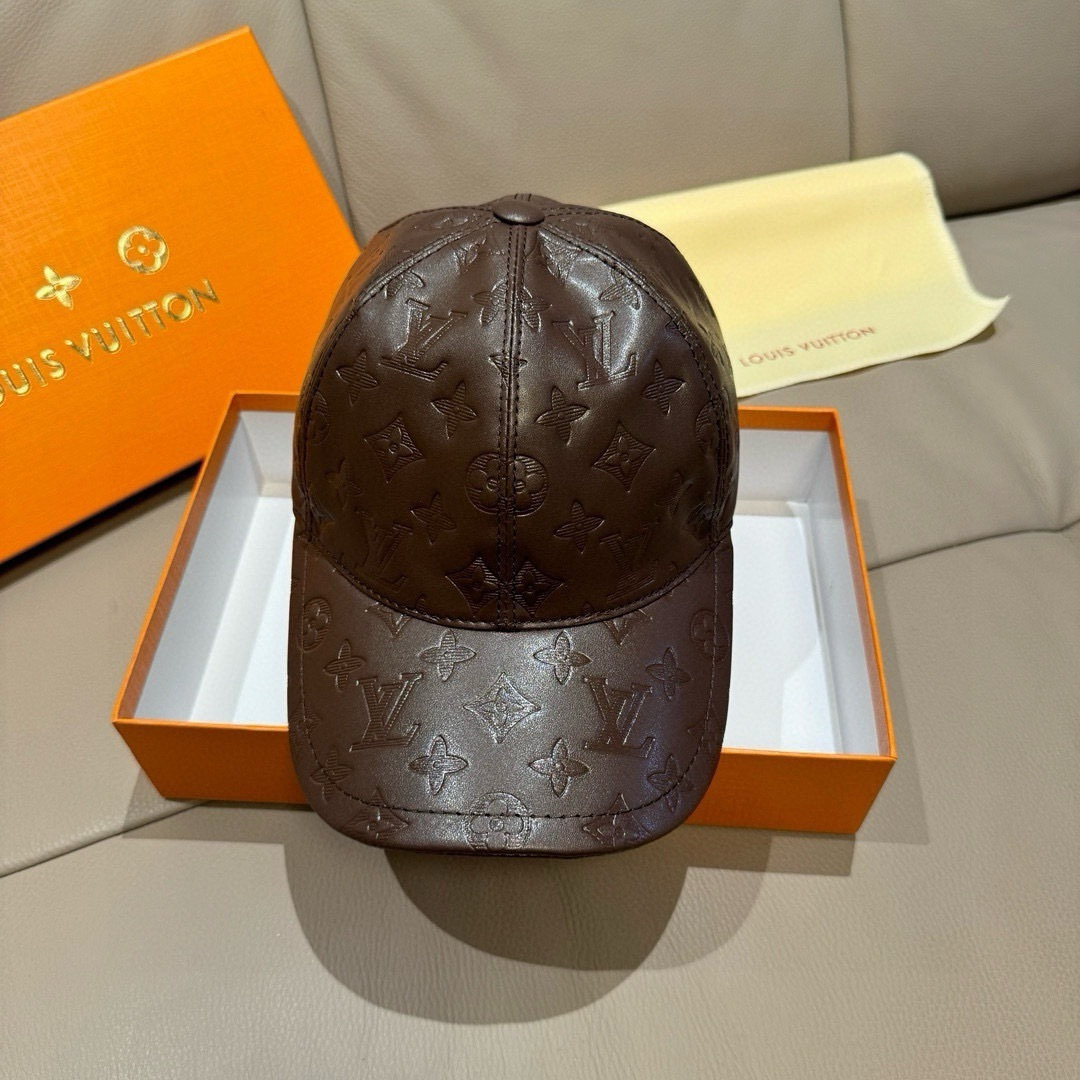 Louis Vuitton 配盒子布袋 LV路易威登新款 棒球帽 真皮印花 1:1开模订制 精准对花 头层牛皮+纯棉内里