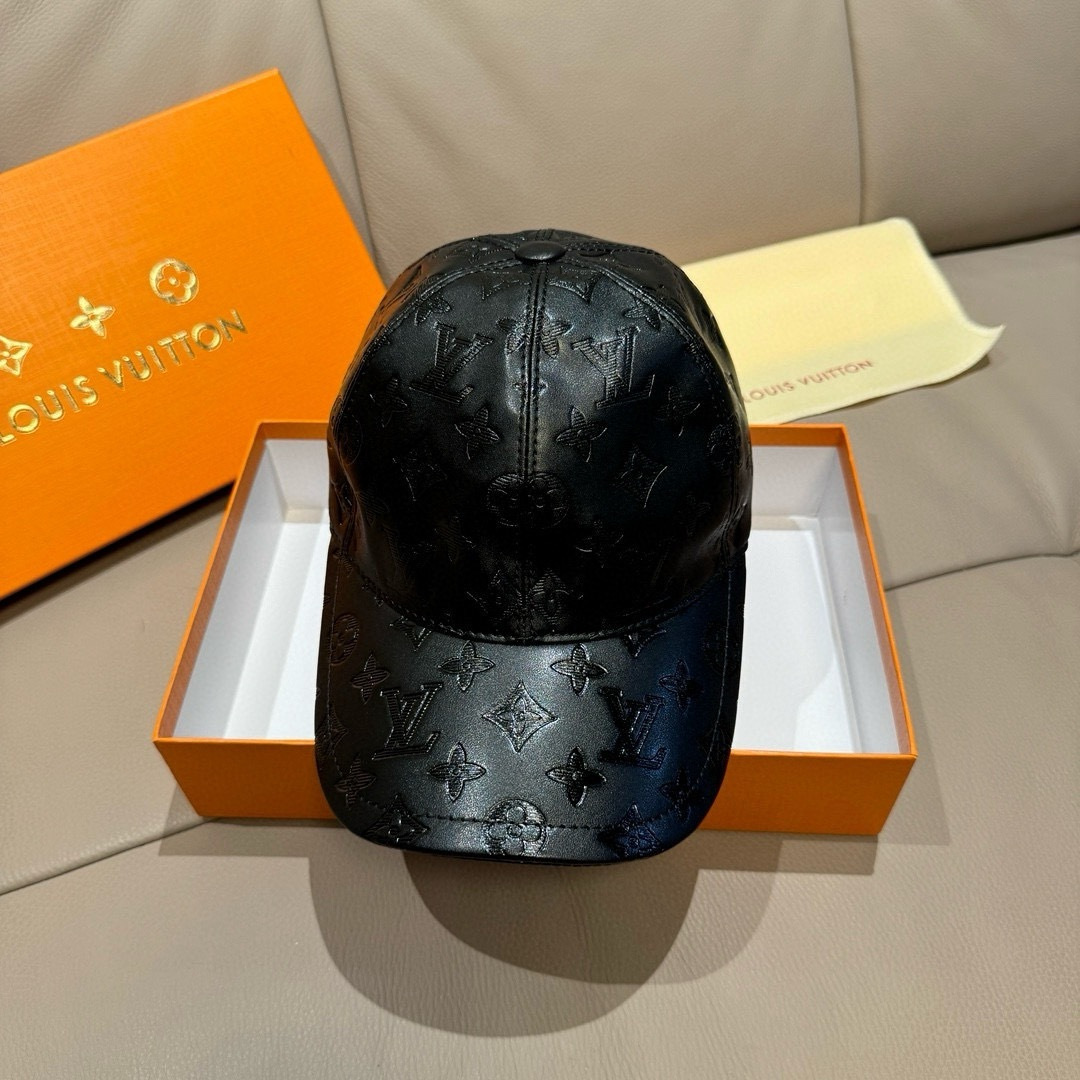 Louis Vuitton 配盒子布袋 LV路易威登新款 棒球帽 真皮印花 1:1开模订制 精准对花 头层牛皮+纯棉内里