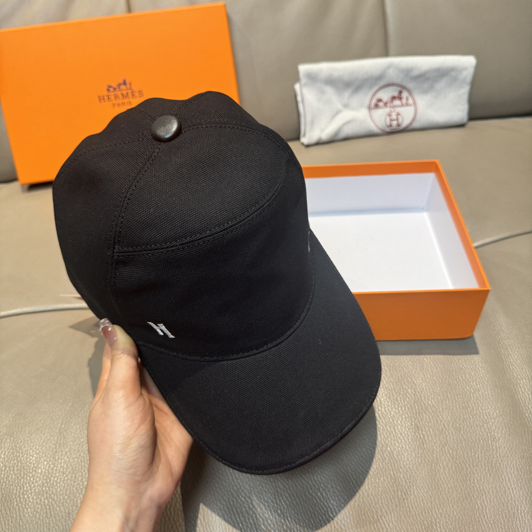 配盒子布袋，HERMÈS (爱马仕)原单棒球帽，经典H， 正品开模订制，原版透气帆布面料+头层牛皮，原厂