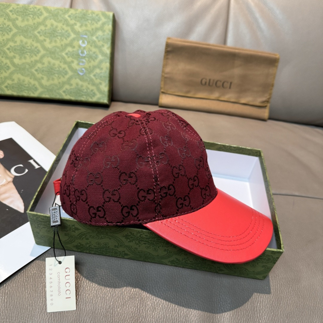 Gucci 配盒子布袋 Gucci(古奇)新款 棒球帽 小双G牛皮拼接 1:1开模订制 质量超赞 帽檐拼接牛皮