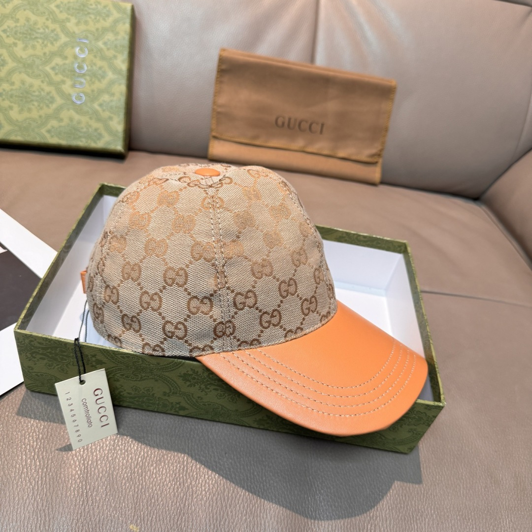 Gucci 配盒子布袋 Gucci(古奇)新款 棒球帽 小双G牛皮拼接 1:1开模订制 质量超赞 帽檐拼接牛皮