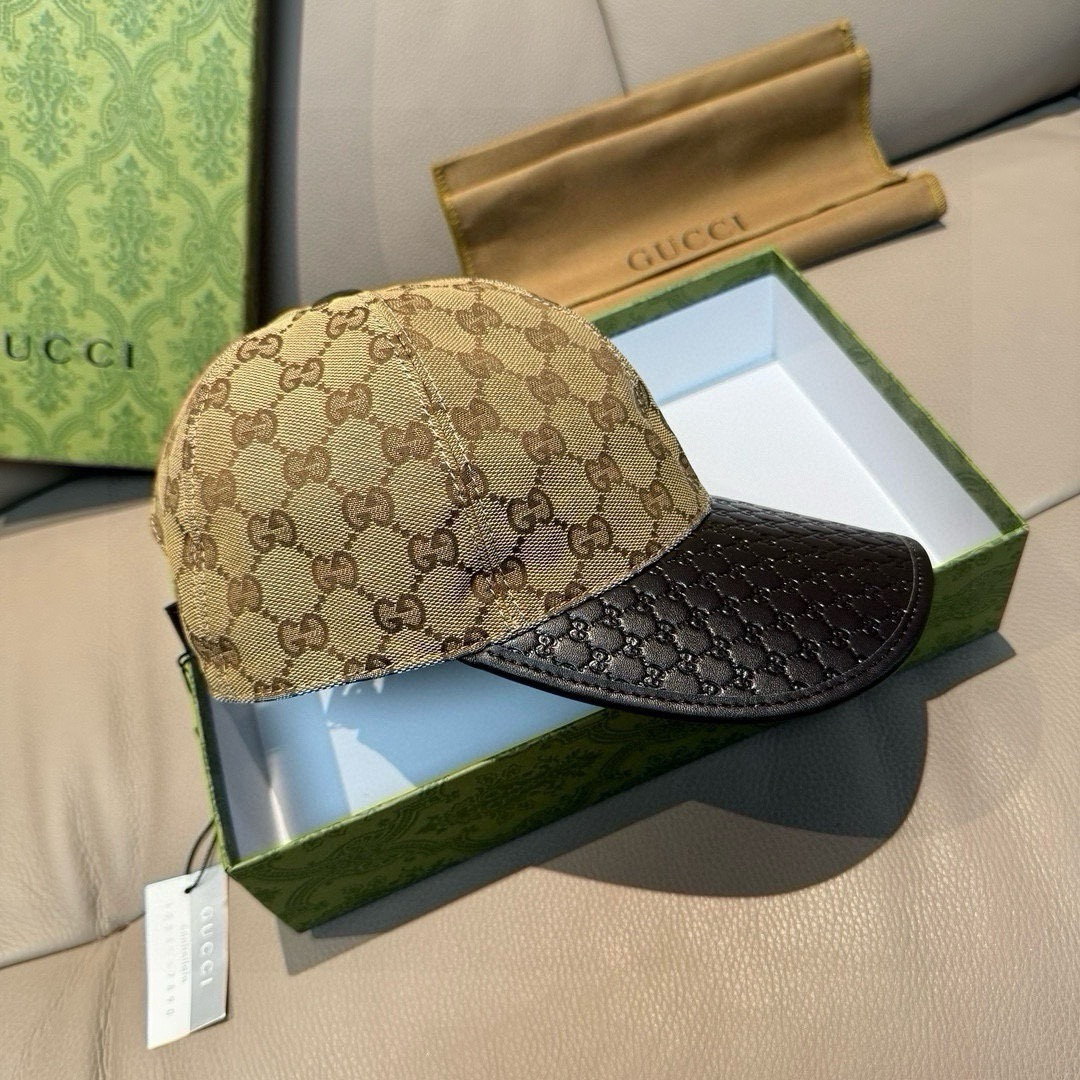 Gucci 配盒子布袋 Gucci(古奇) 棒球帽 小双G牛皮拼接 1:1开模订制 质量超赞 帽檐头层牛皮压花