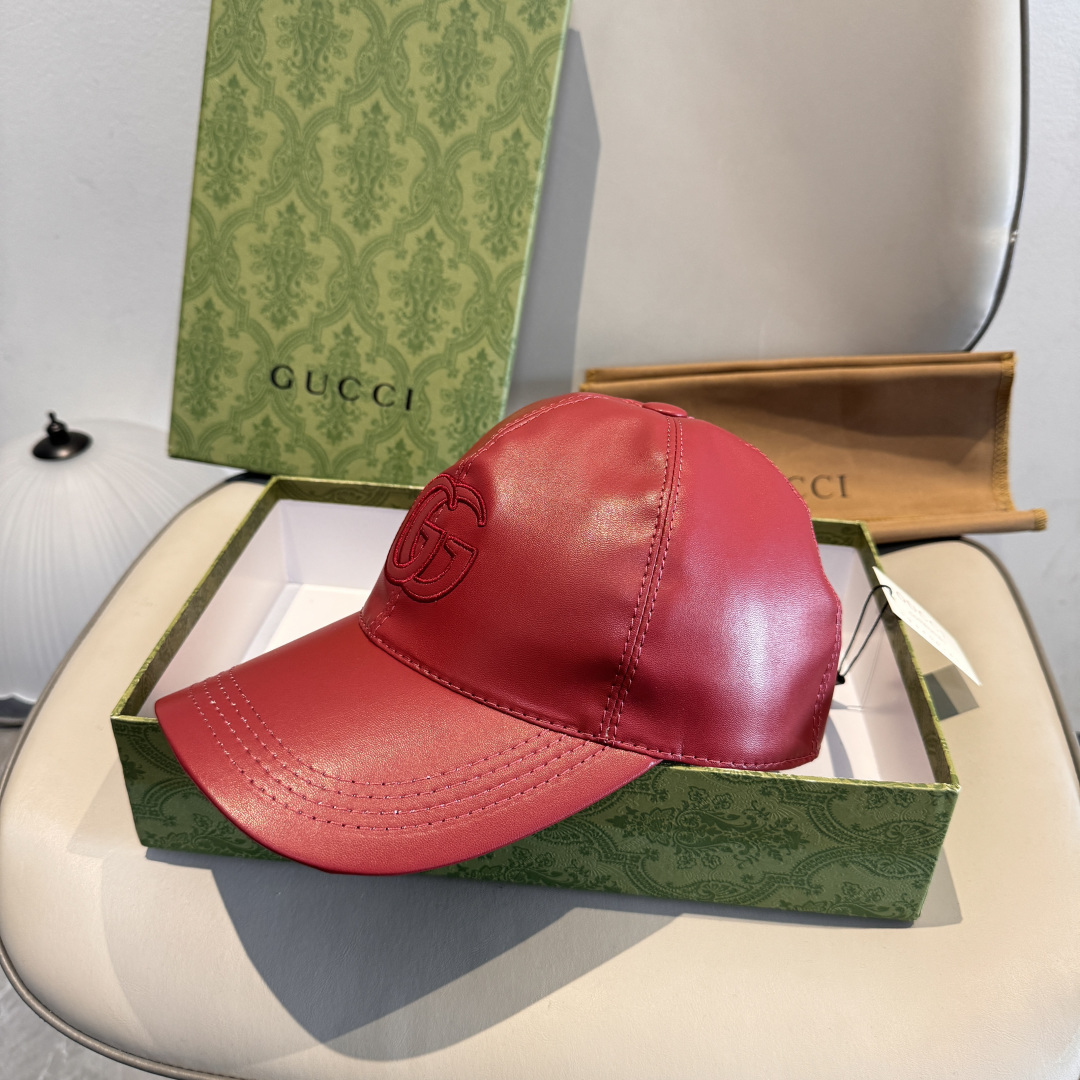 配盒子布袋，Gucci(古奇)新款原单棒球帽，皮革大双G刺绣，1:1开模订制，细节可媲美专柜，原版牛皮，