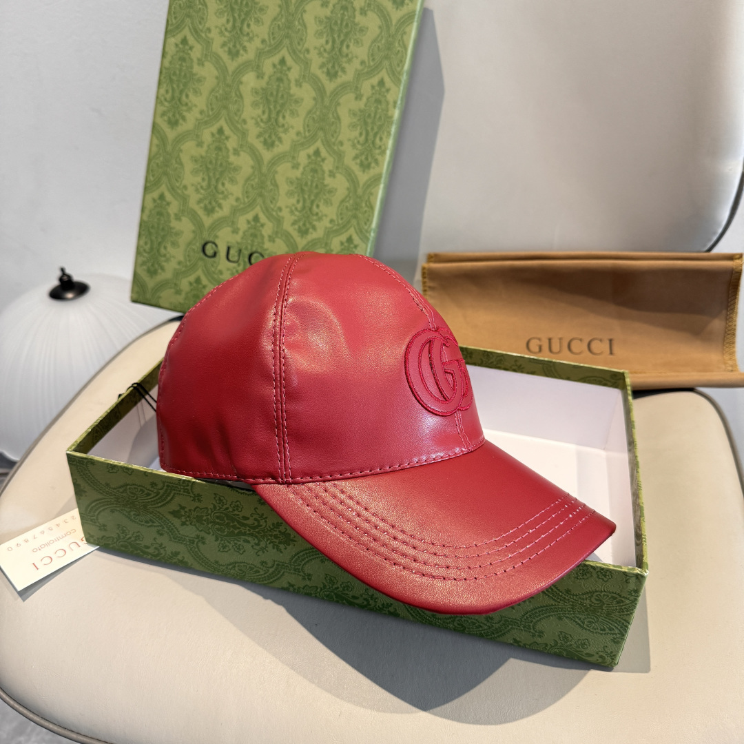 配盒子布袋，Gucci(古奇)新款原单棒球帽，皮革大双G刺绣，1:1开模订制，细节可媲美专柜，原版牛皮，