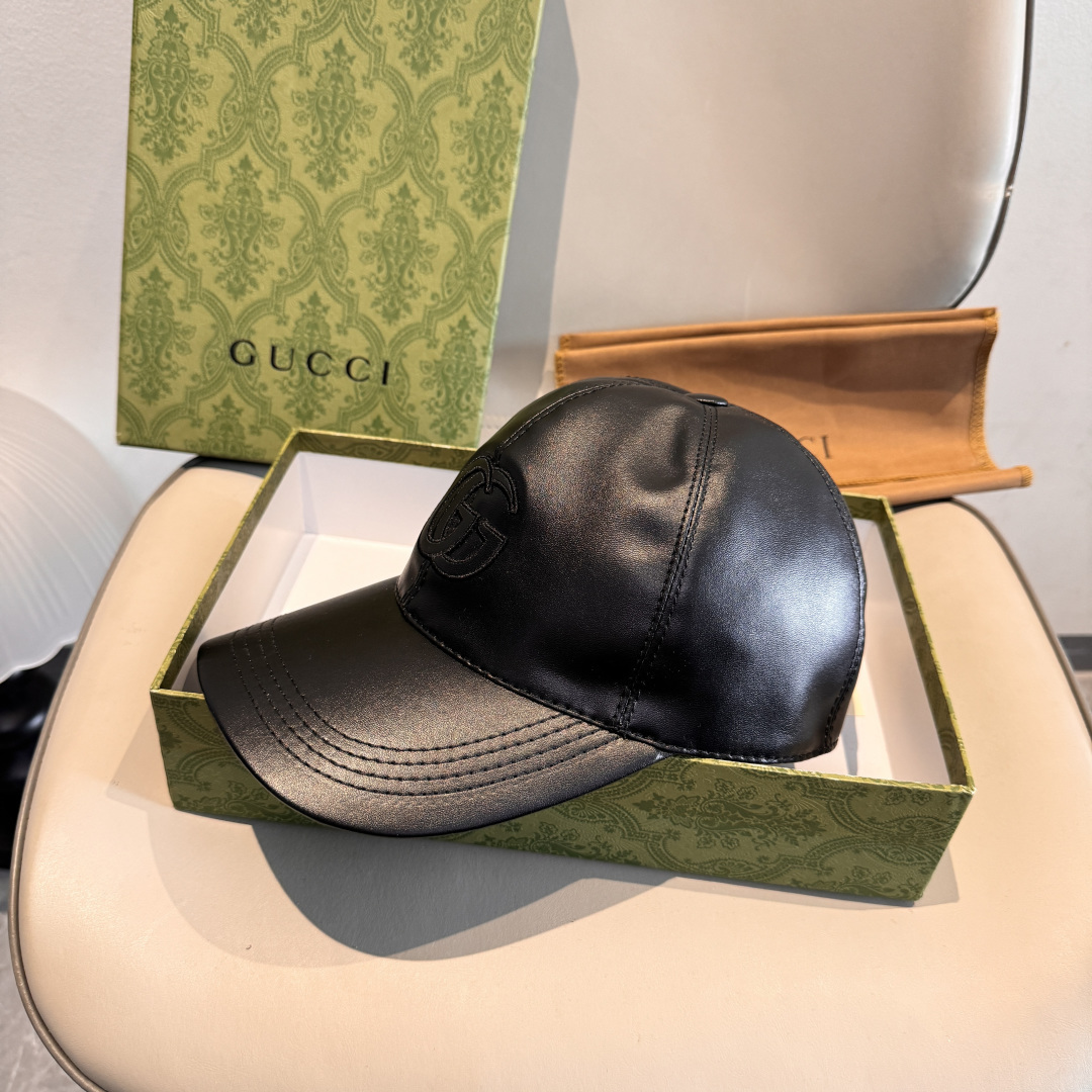 配盒子布袋，Gucci(古奇)新款原单棒球帽，皮革大双G刺绣，1:1开模订制，细节可媲美专柜，原版牛皮，